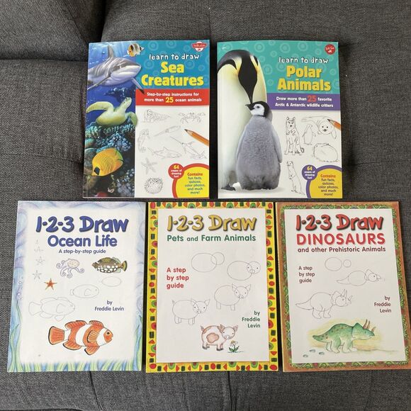 5 Learn To Draw Books Dinosaurs Farm Animals Penguins Sharks Wolves Kids Fun Art - Picture 1 of 7
